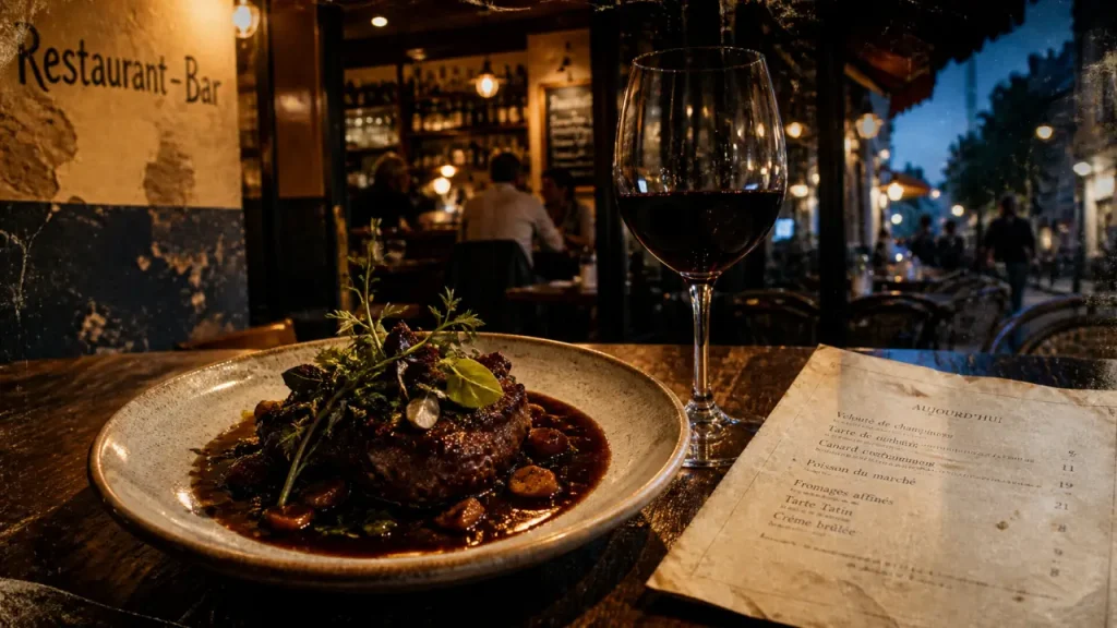a bout de souffle restaurant bar paris 14 : assiette française et vin rouge au comptoir