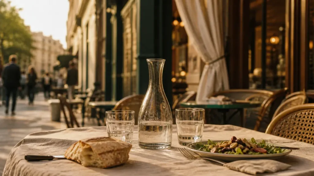 Terrasse du restaurant français chez Alphonse, Paris 14, à l’heure dorée