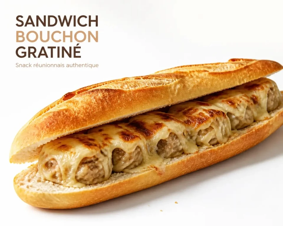 sandwich bouchon réunionnais gratiné sur assiette, fromage fondu et pain croustillant