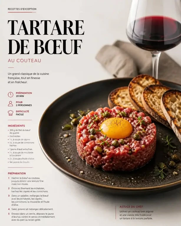 Tartare de bœuf au couteau, plat signature du restaurant bar à vin Pépins à Paris