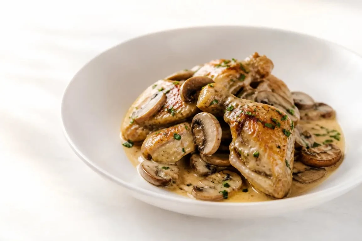 Recette pintade en cocotte champignons servie en cocotte, sauce crémeuse et champignons