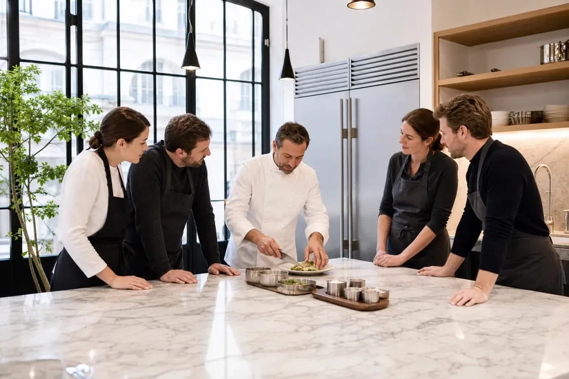 Cuisine Attitude cours dans un atelier culinaire convivial à Paris avec petit groupe autour du plan de travail
