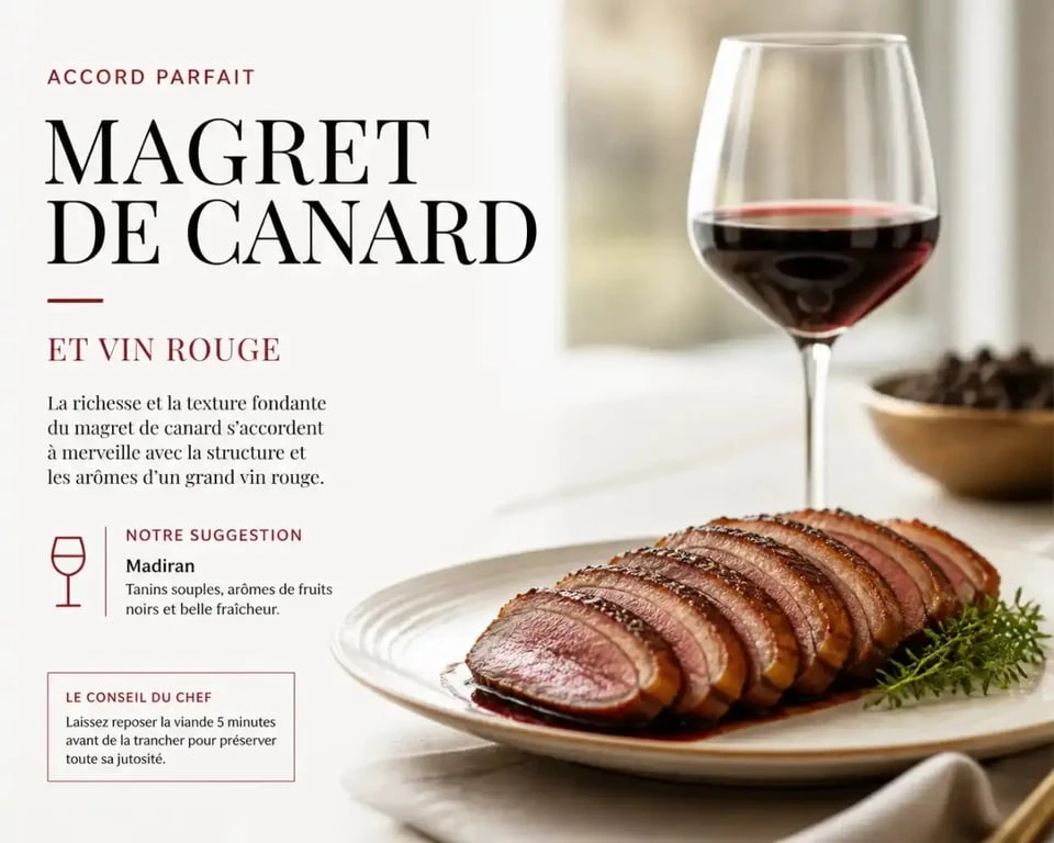 Accord mets et vins : magret de canard et vin rouge, idéal pour les platsnetvins