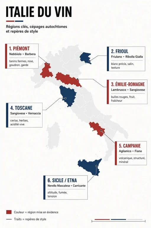 Carte des régions du vin nature italien et de leurs cépages clés