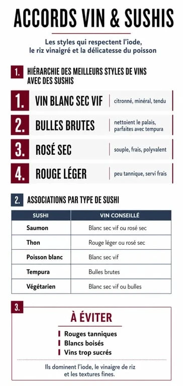 Infographie sur quel vin avec les sushis : blancs secs, bulles brutes et accords selon le type de sushi