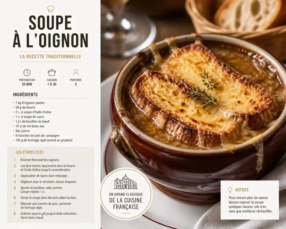Soupe à l'oignon gratinée traditionnelle servie dans un bol, emblème de la gastronomie parisienne