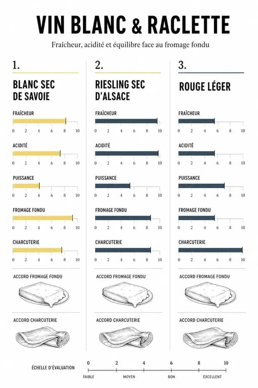 Vin blanc avec la raclette : comparaison visuelle des styles de vin à privilégier avec fromage fondu et charcuterie