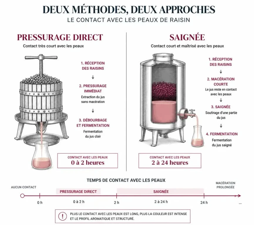 Comparaison des méthodes de vinification pressurage direct et saignée pour les vins rosés