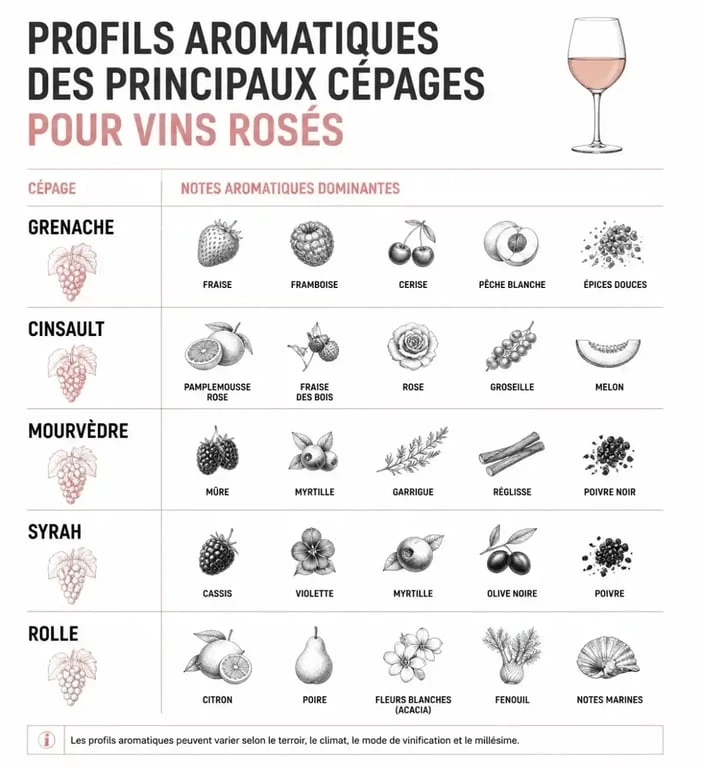 Infographie des cépages pour vins rosés et leurs profils aromatiques