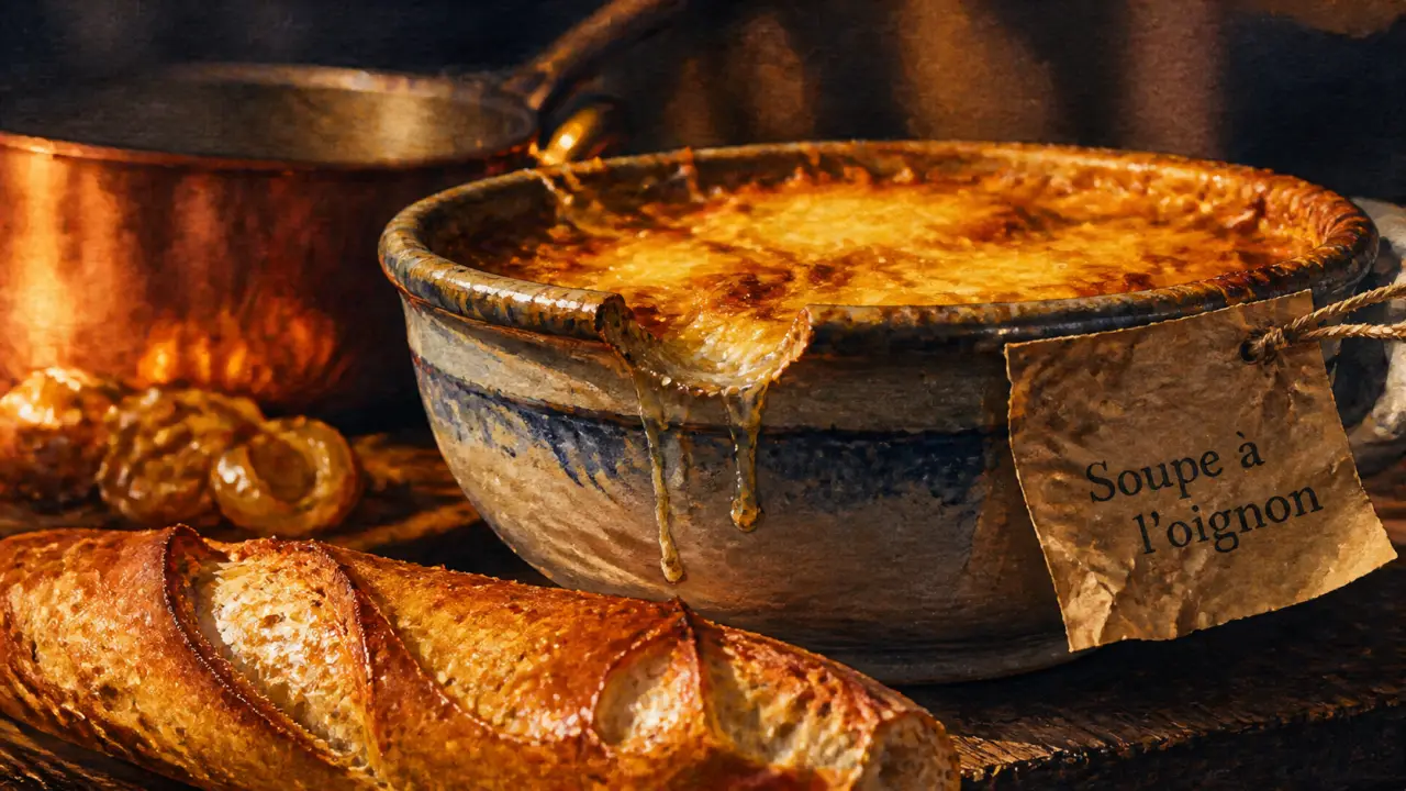 French onion soup paris gratinée, bol et croûte dorée