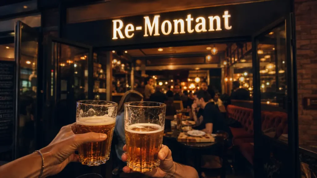 Le remontant bar paris 20 : entrée Re-Montant et verres de bière