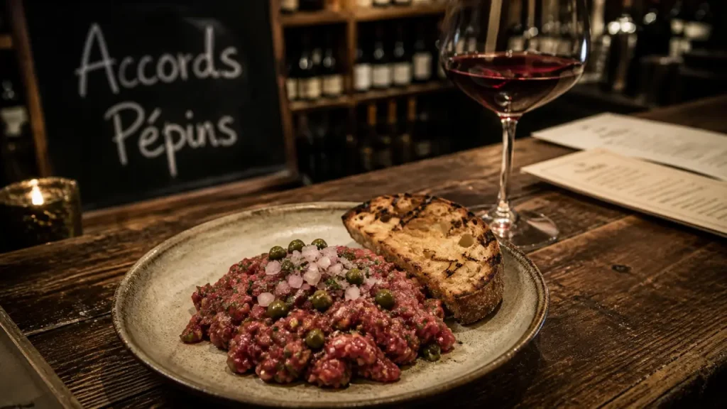 Pépins, restaurant bar à vin paris : tartare et accords mets-vins.