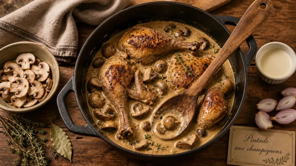 Recette pintade en cocotte aux champignons en cocotte