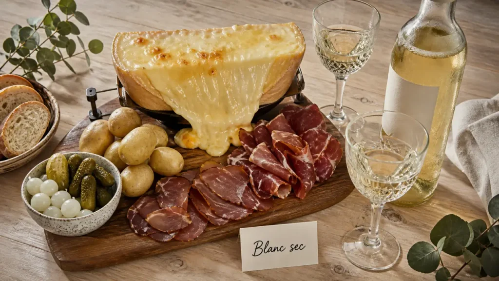 Vin blanc avec la raclette : planche de raclette et verres de vin blanc