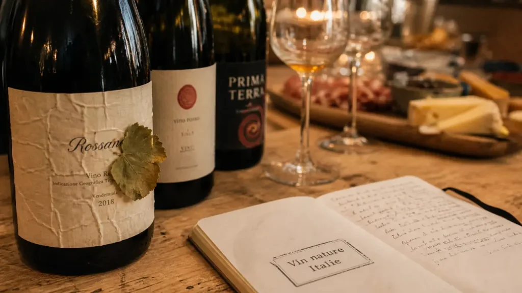 Vin nature italien : bouteilles sur comptoir, Sicile volcanique