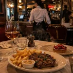 Brasserie 15eme : table, steak-frites et tartelette, ambiance traditionnelle