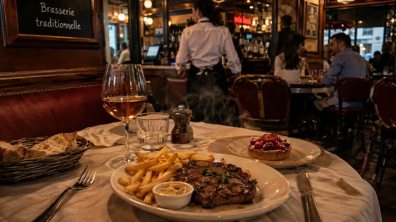 Brasserie 15eme : table, steak-frites et tartelette, ambiance traditionnelle
