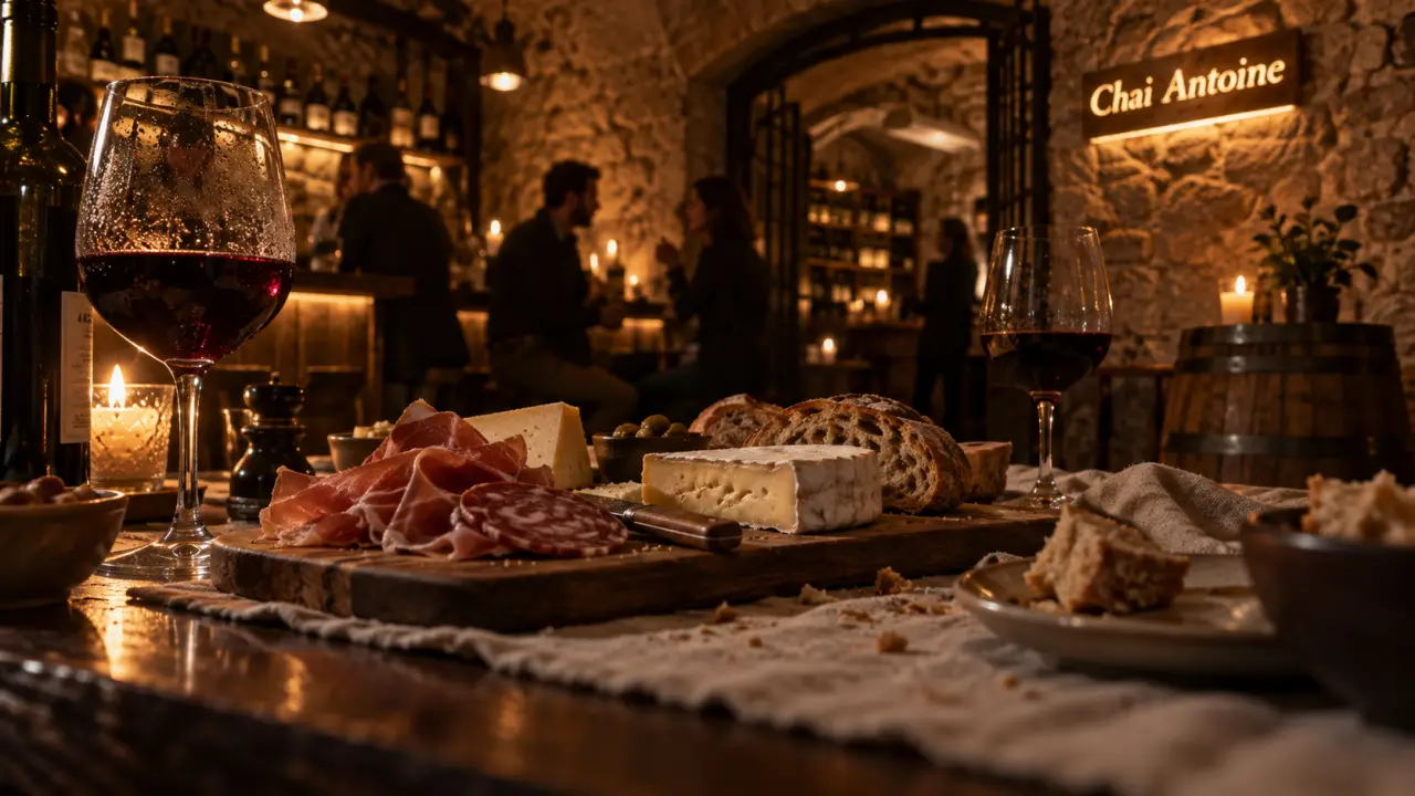 Chai Antoine bar paris : entrée de cave rétro, charcuterie et verres