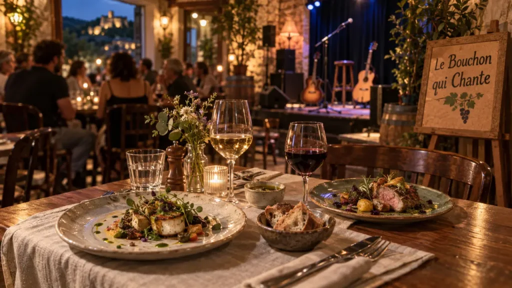 Le bouchon qui chante à Lyas : intérieur de bistrot et musique live