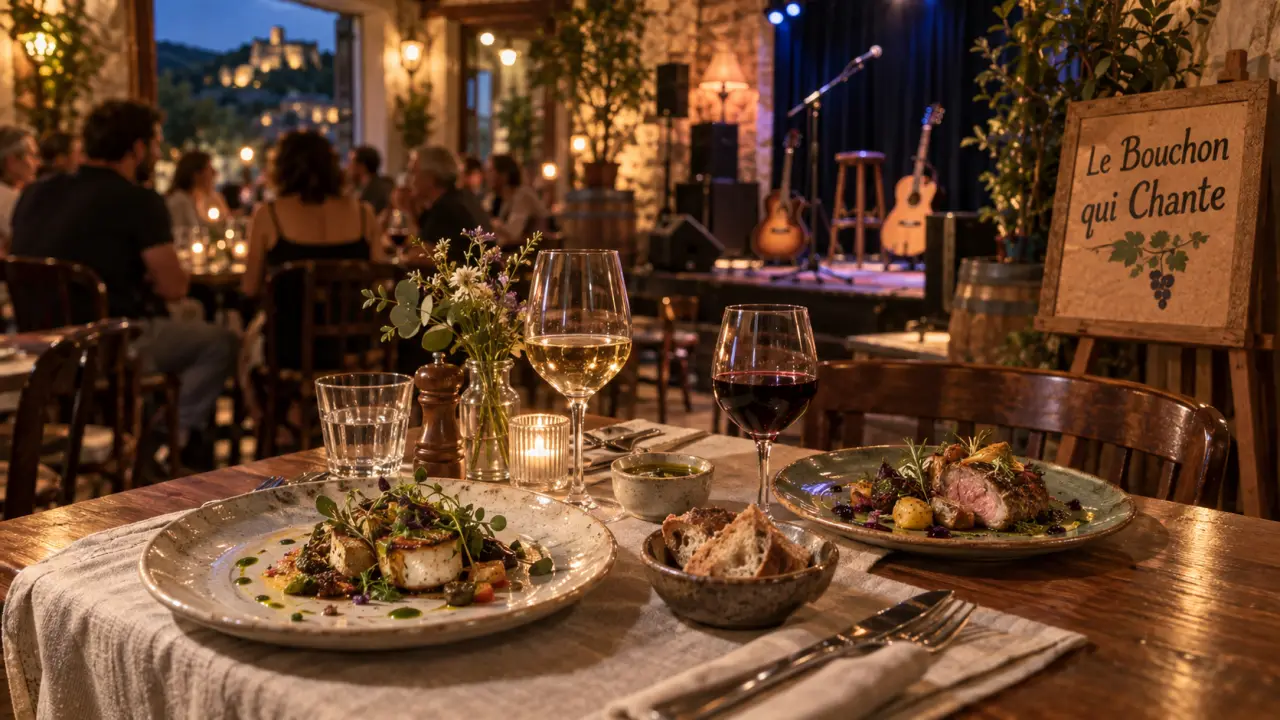Le bouchon qui chante à Lyas : intérieur de bistrot et musique live