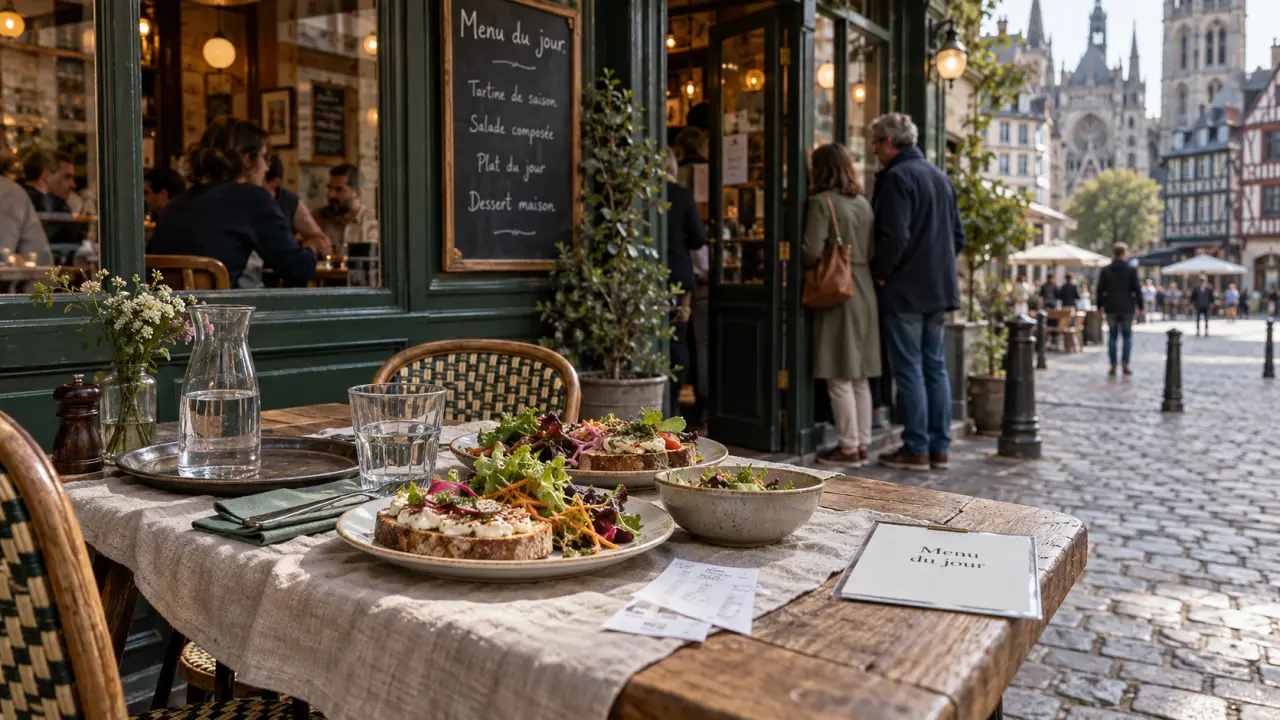 Aux Délices des Carmes à Rouen, entrée de bistrot et menu du jour visible