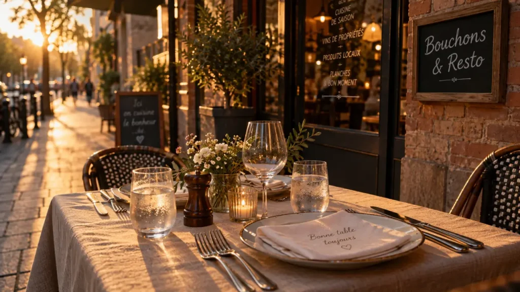 Terrasse de bouchons et resto à Alfortville, photo golden hour
