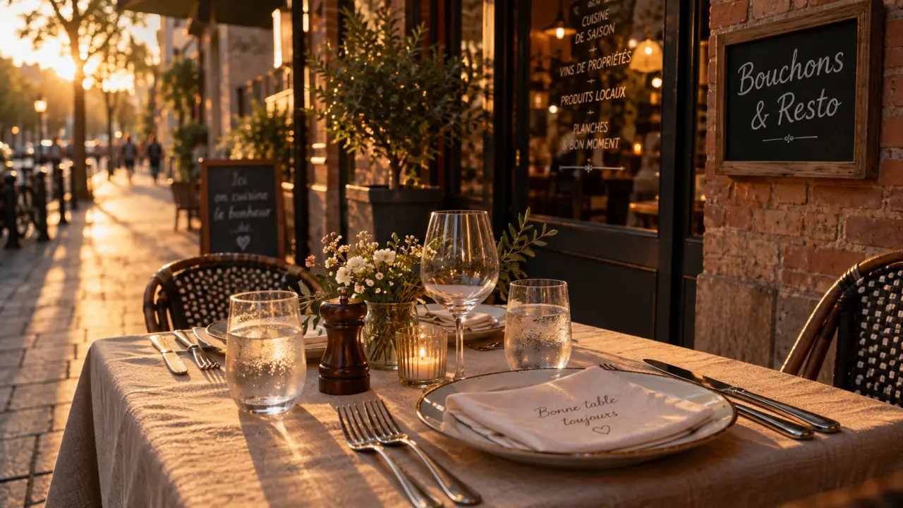 Terrasse de bouchons et resto à Alfortville, photo golden hour