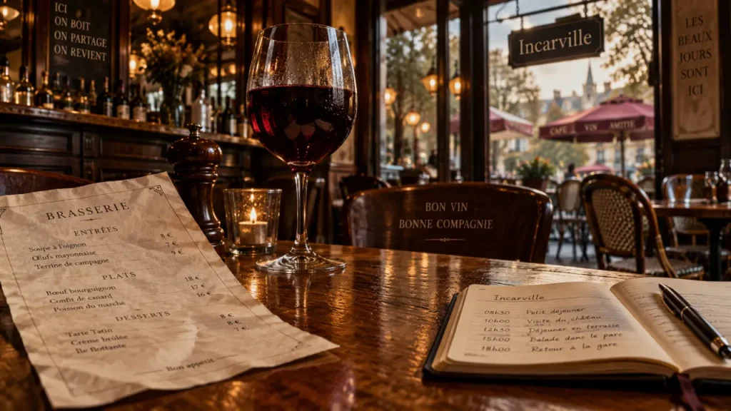 Le bouchon brasserie : table avec carte et vin rouge, repérage Incarville