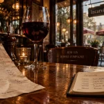 Le bouchon brasserie : table avec carte et vin rouge, repérage Incarville