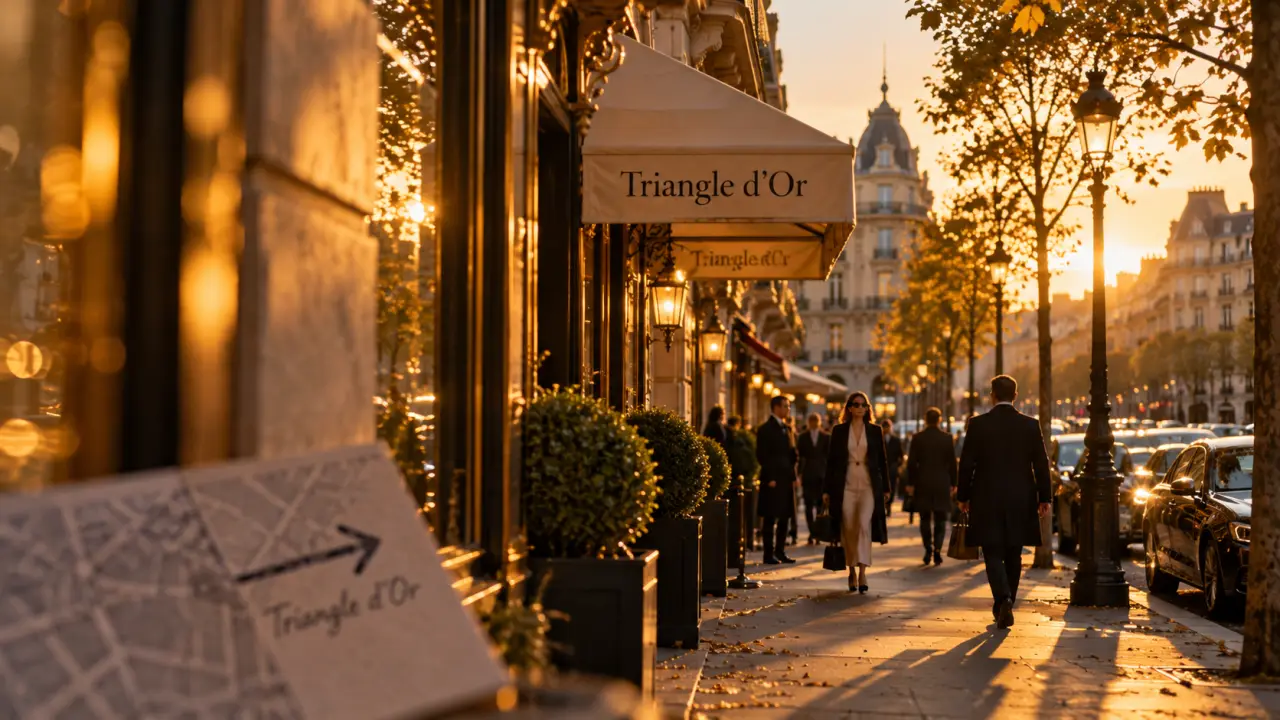 Quartier chic de Paris, Triangle d’Or au coucher du soleil, façade haussmannienne