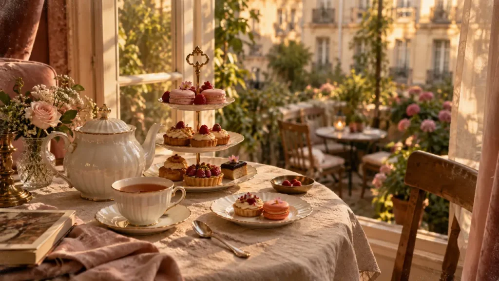 Salon de thé rue de Bretagne Paris : tea-time sur terrasse fleurie